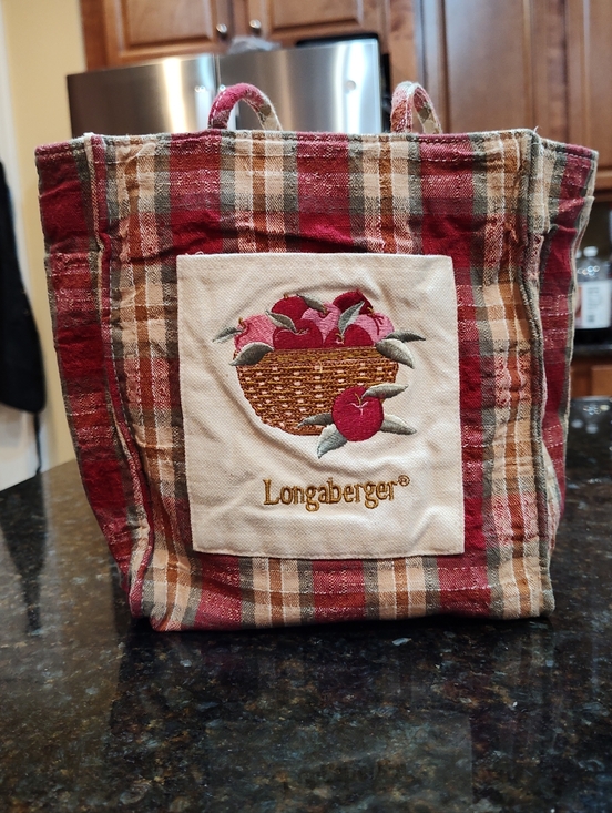Longaberger Other - Longaberger Plaid Tote with Embroidered Apple Basket - Red, Brown & Cream